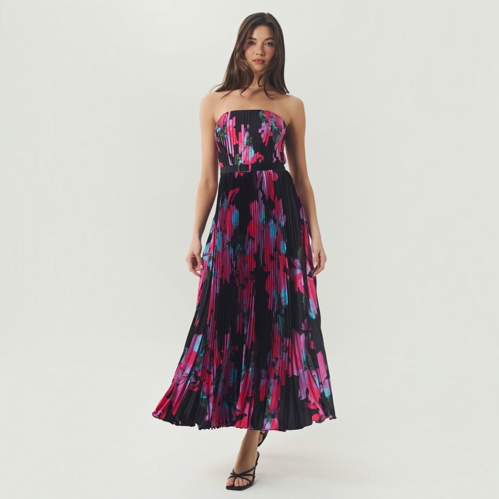 NEW HUTCH Merrick Black/Pink Floral Pleated Strapless Maxi Dress Size 2